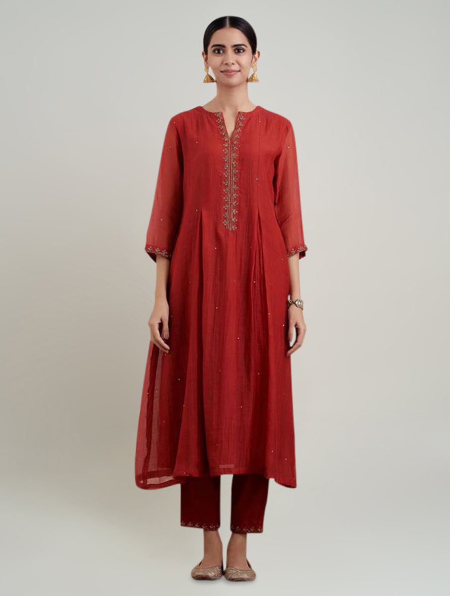 Women Red Silk Chanderi Hand Embroidered Round Neck kurta kurta