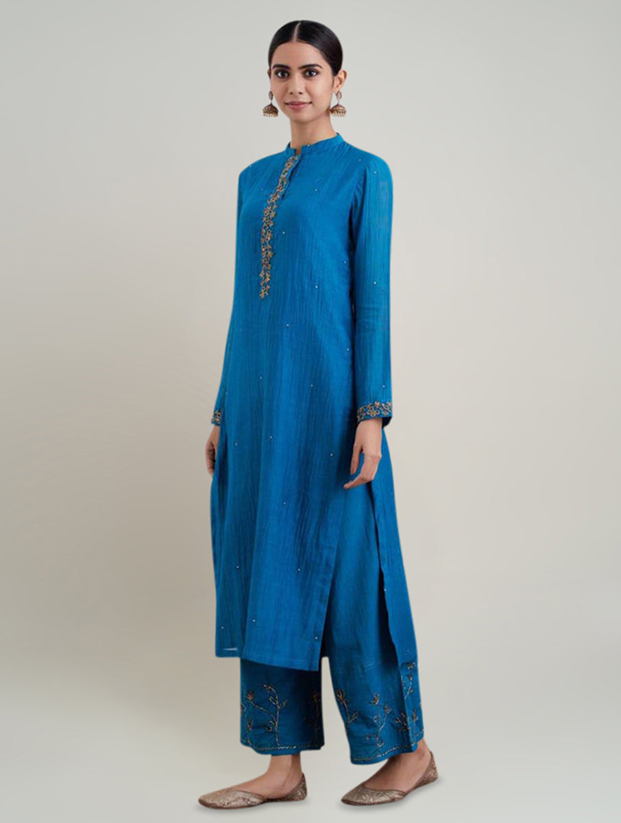 Women Teal Cotton Silk Embroidered Collar Neck Straight Kurta
