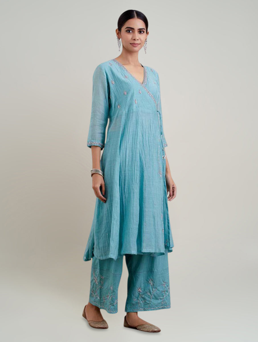 Women Blue Cotton Silk Embroidered Tie up neck Anghrakha Kurta