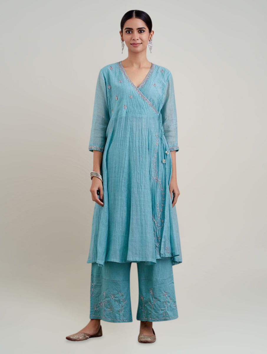 Women Blue Cotton Silk Embroidered Tie up neck Anghrakha Kurta