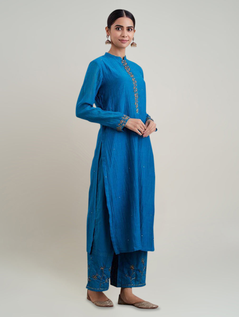 Women Teal Cotton Silk Embroidered Collar Neck Straight Kurta