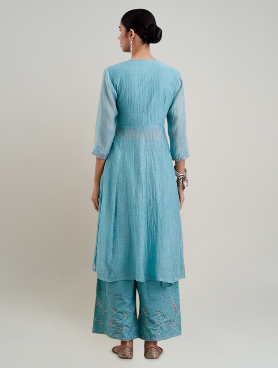 Women Blue Cotton Silk Embroidered Tie up neck Anghrakha Kurta