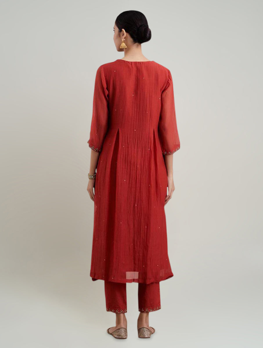 Women Red Silk Chanderi Hand Embroidered Round Neck kurta