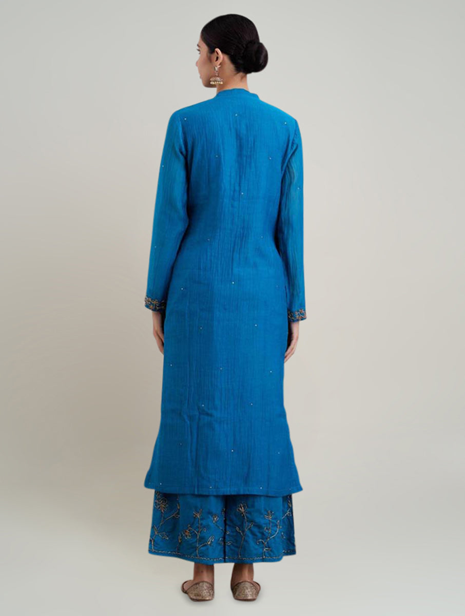 Women Teal Cotton Silk Embroidered Collar Neck Straight Kurta