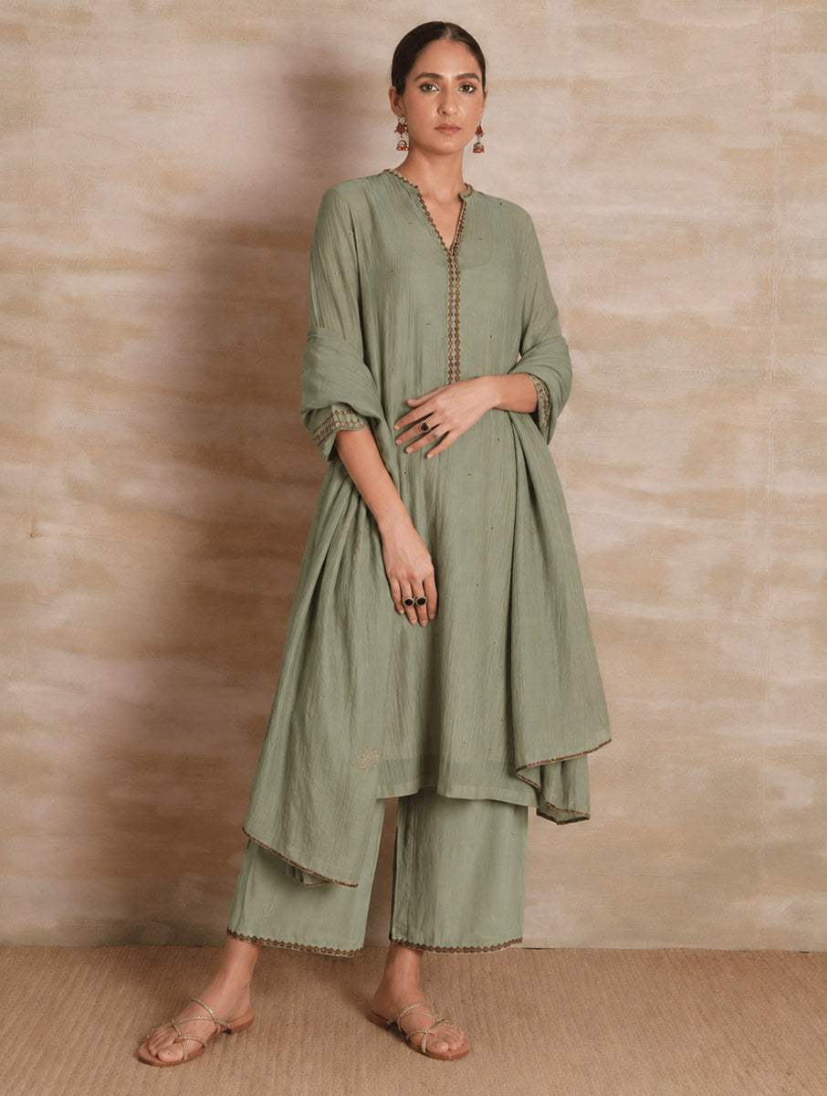 Naqsh Olive Green Collar Kurta Pajama Dupatta set