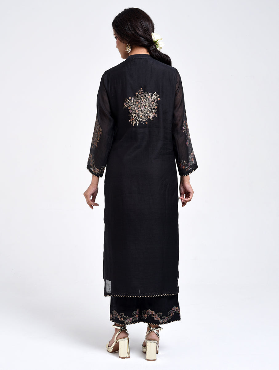 Gudhal Black Cotton Silk Collar Kurta