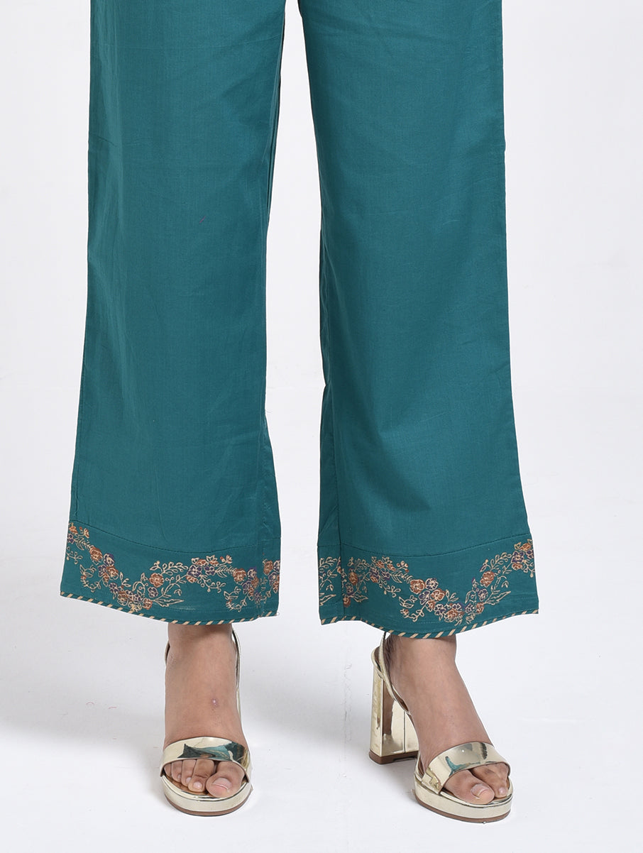 Gudhal Teal Cotton Silk A line Kurta with Pants