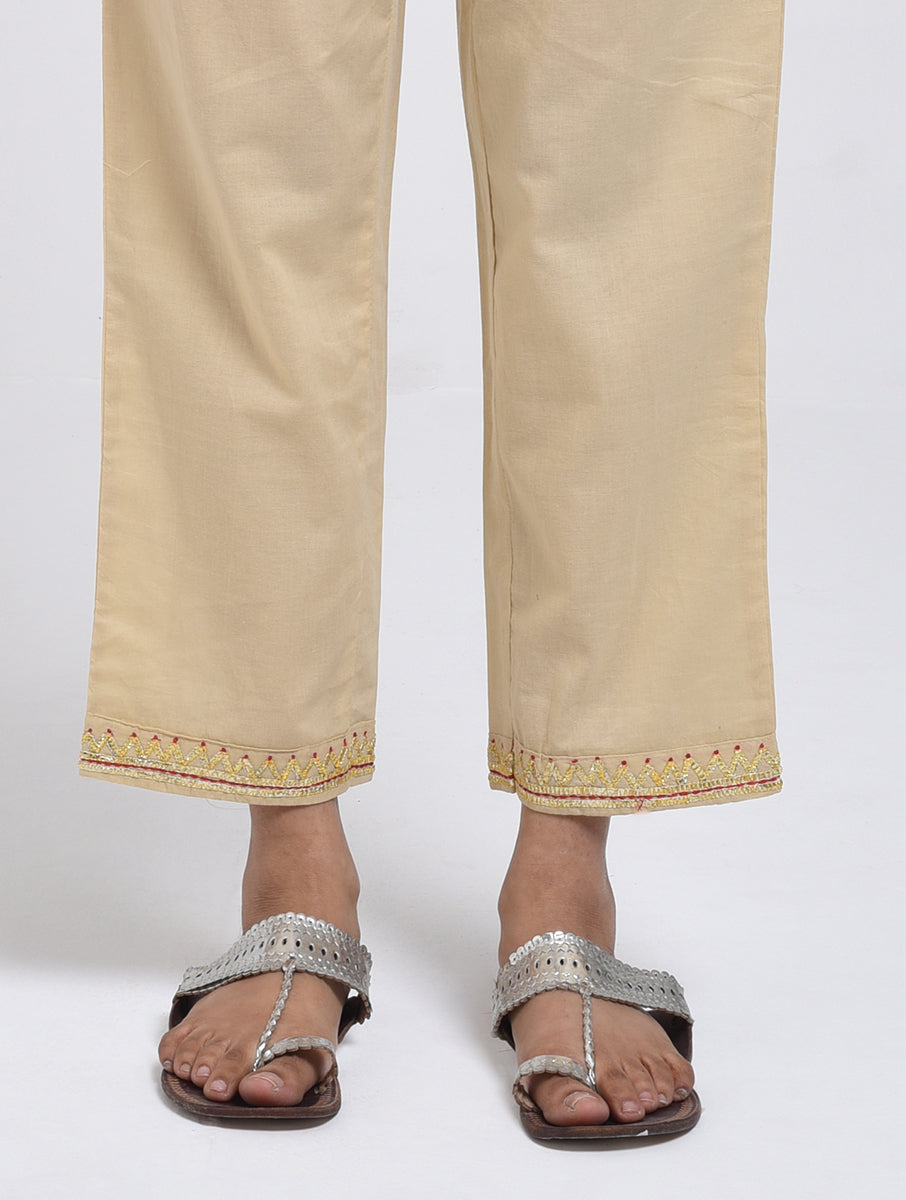 Chamki Beige Cotton Gota Patti Kurta, Pants & Dupatta