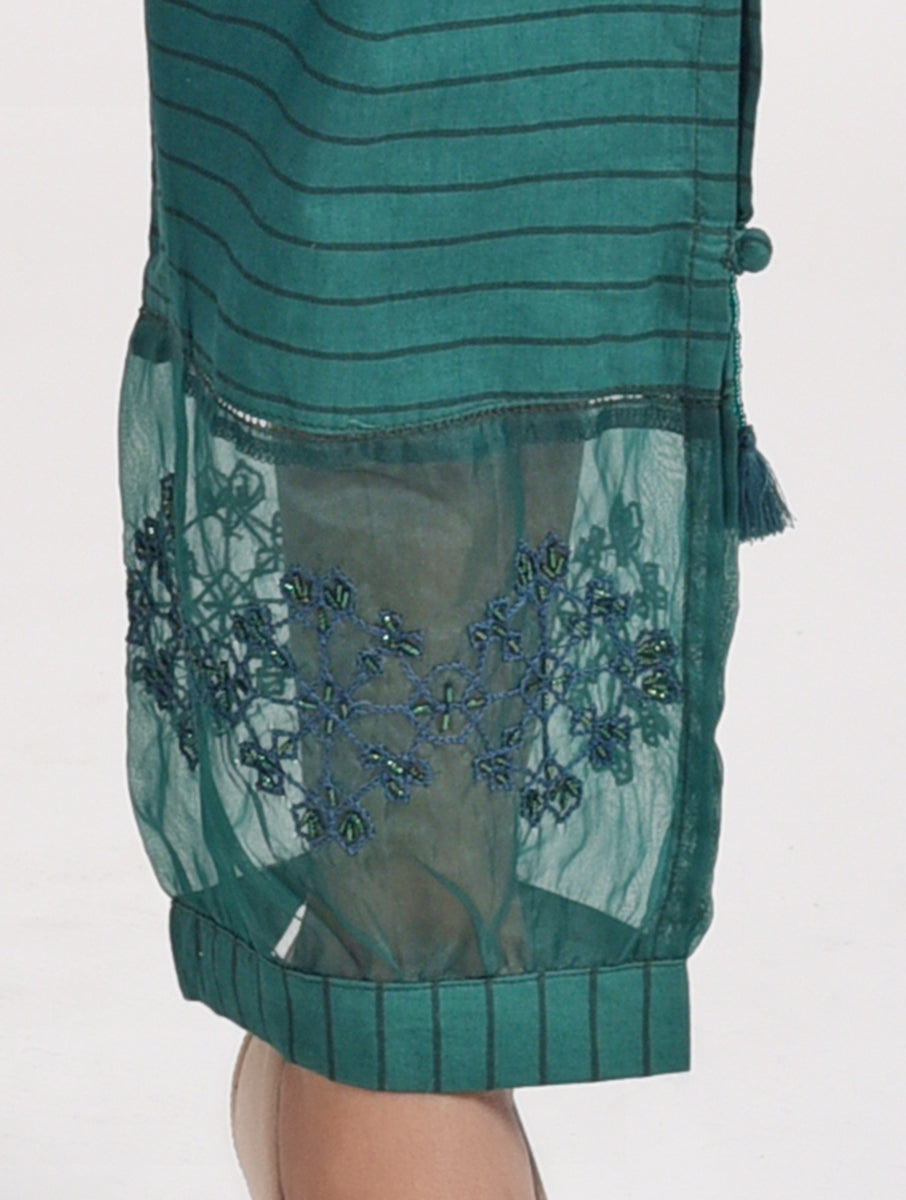 Women Green Color Hand Embroidered Cotton Silk Pajama