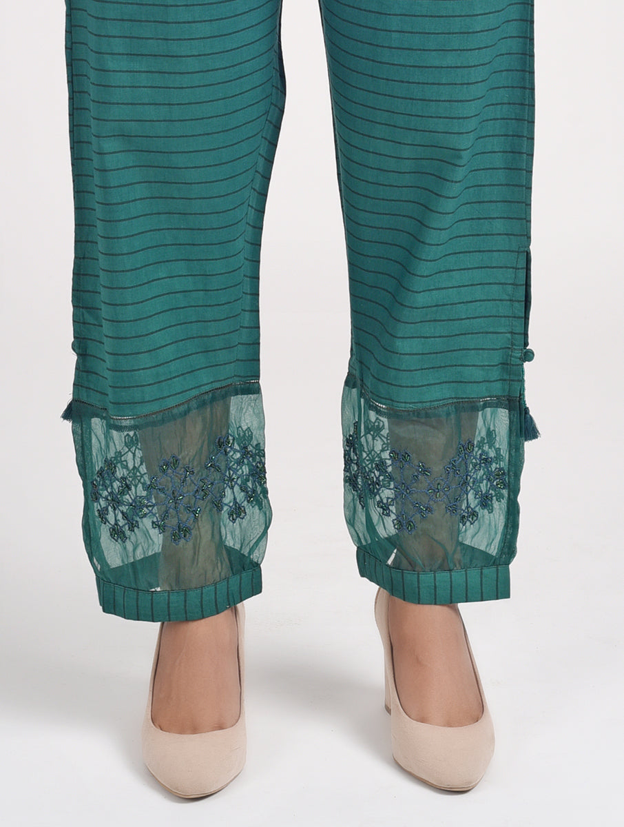Women Green Color Hand Embroidered Cotton Silk Pajama