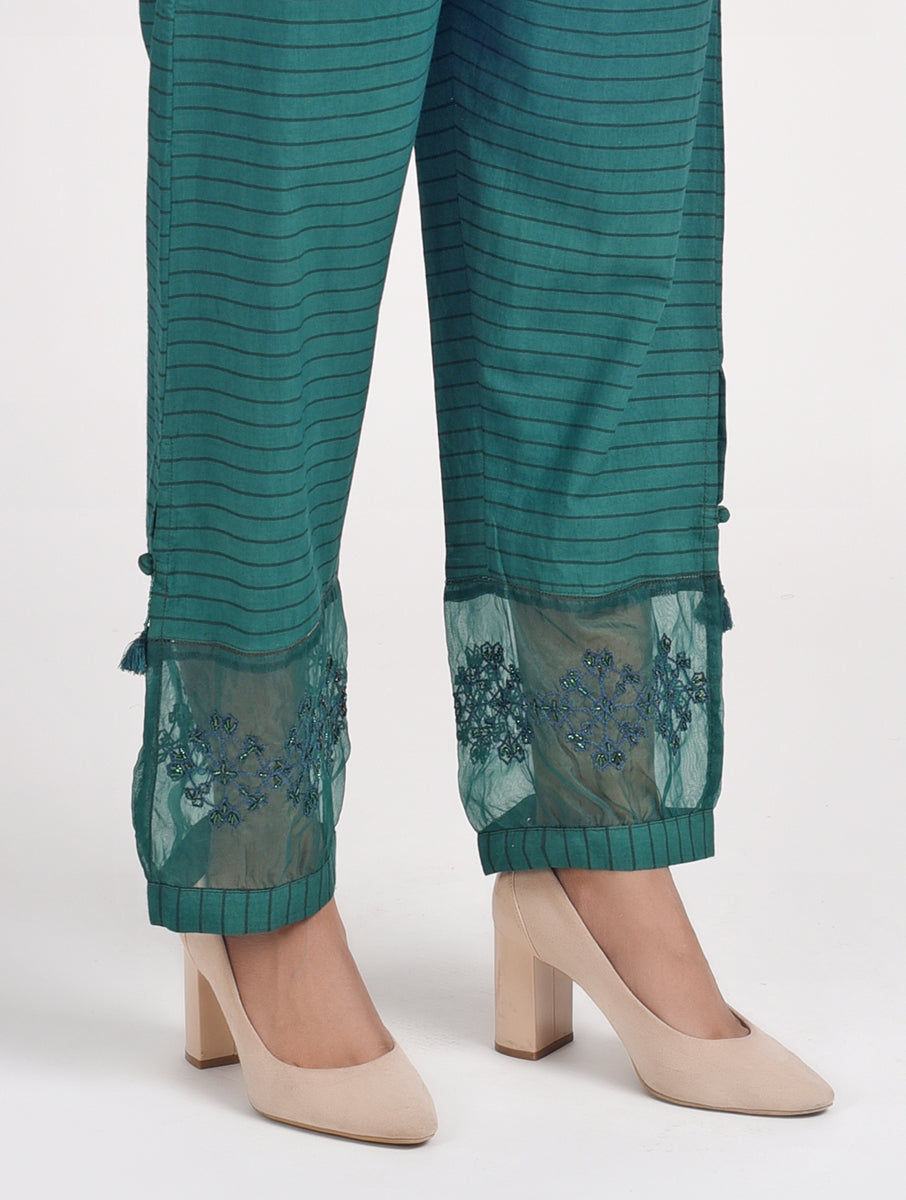 Women Green Color Hand Embroidered Cotton Silk Pajama
