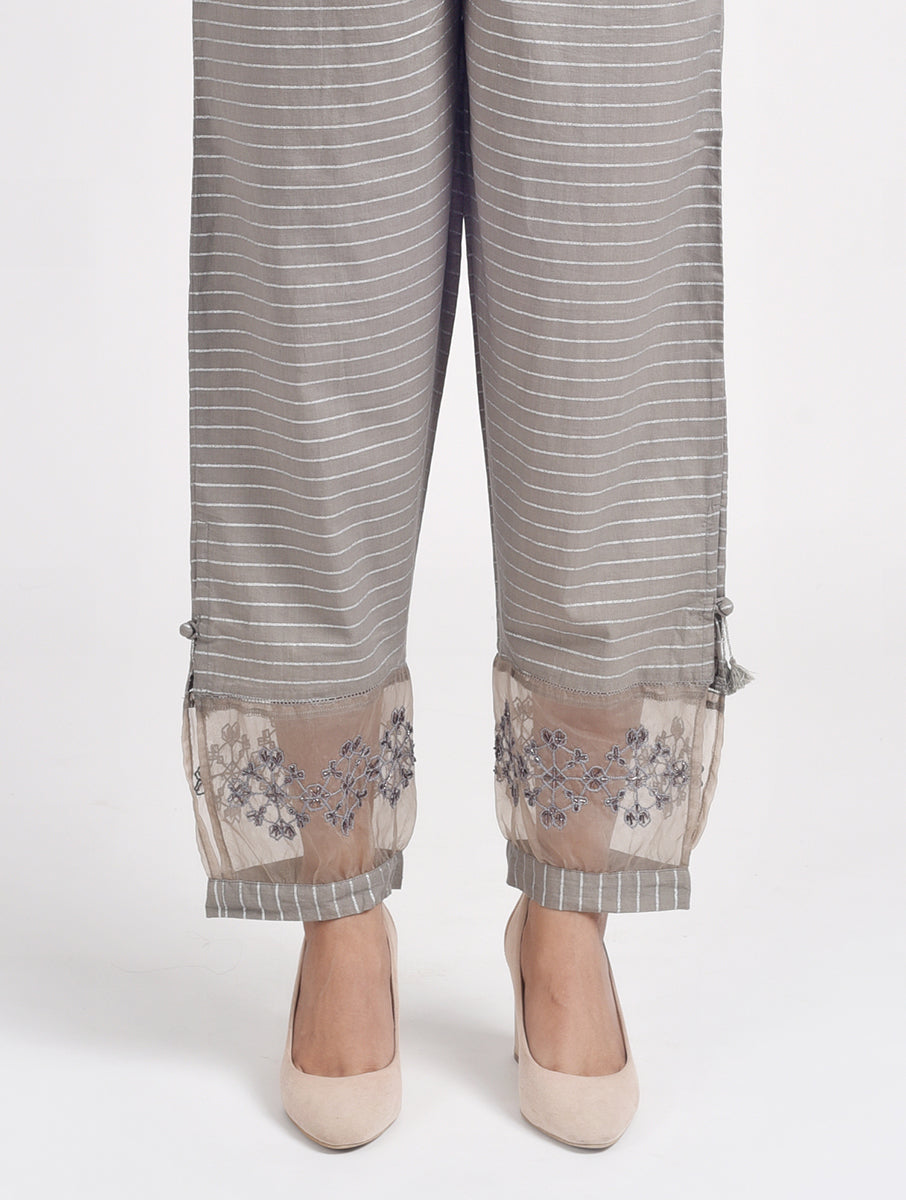 Women Grey Hand Embroidered Cotton Silk Pajama