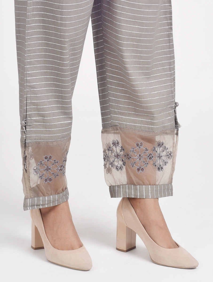 Women Grey Hand Embroidered Cotton Silk Pajama