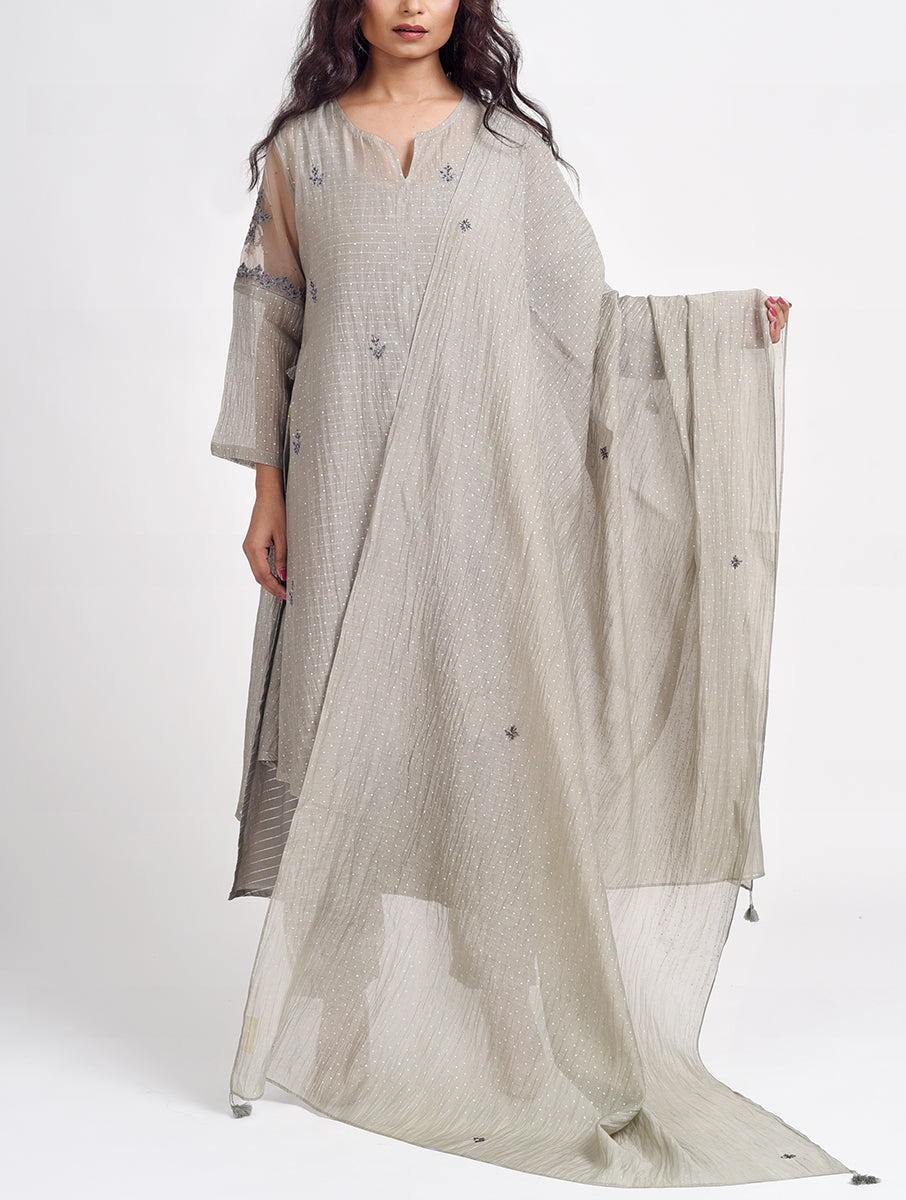 Women Grey Color Hand Embroidered printed Cotton Silk Dupatta