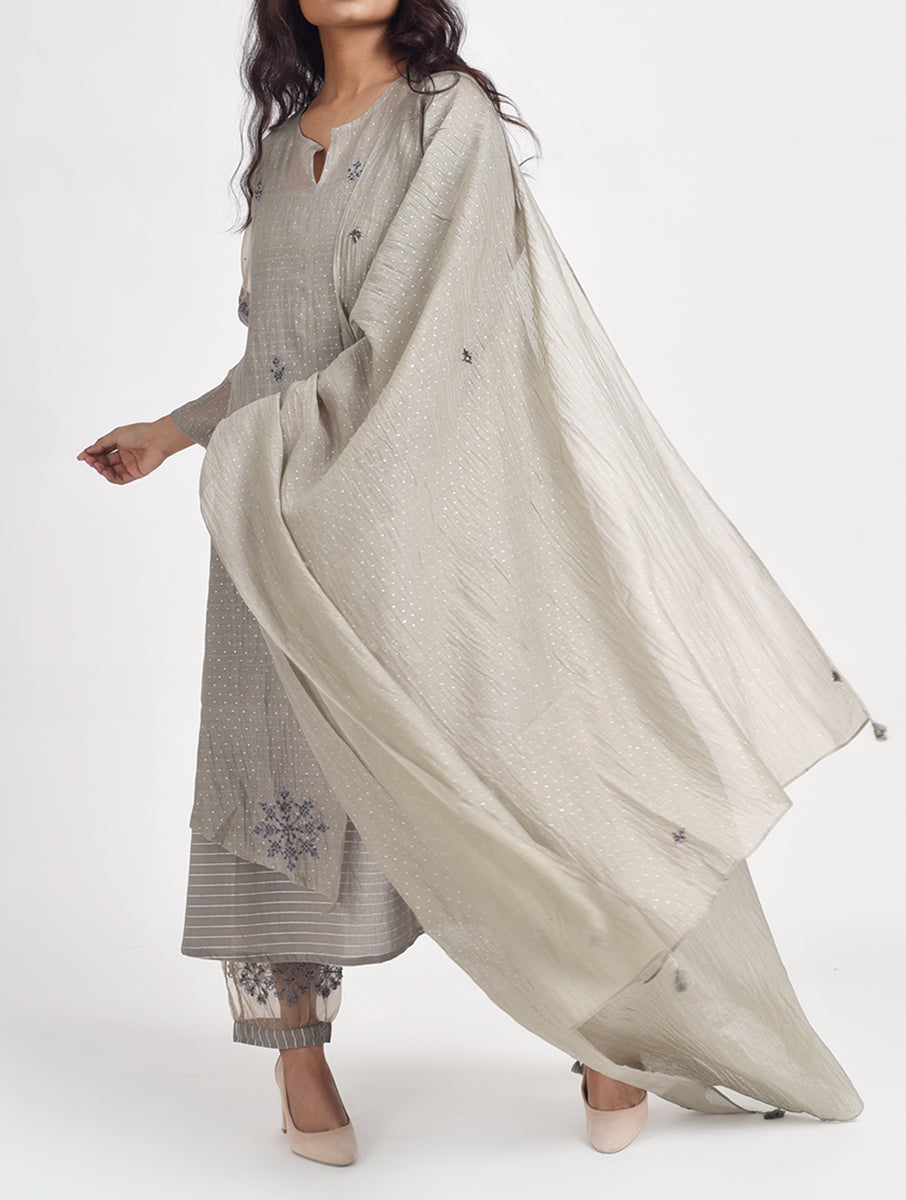 Women Grey Color Hand Embroidered printed Cotton Silk Dupatta
