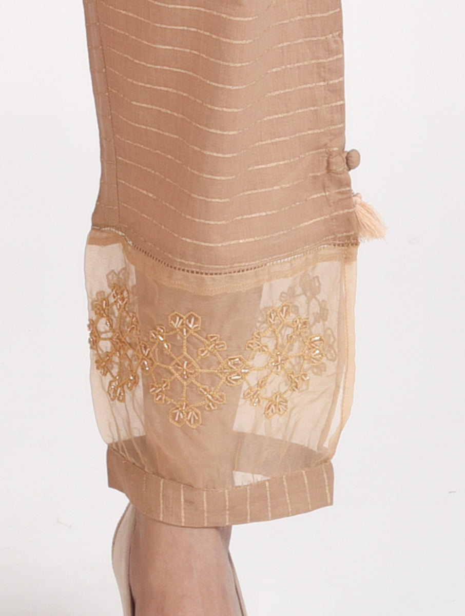 Women Beige Color Hand Embroidered Cotton Silk Pajama