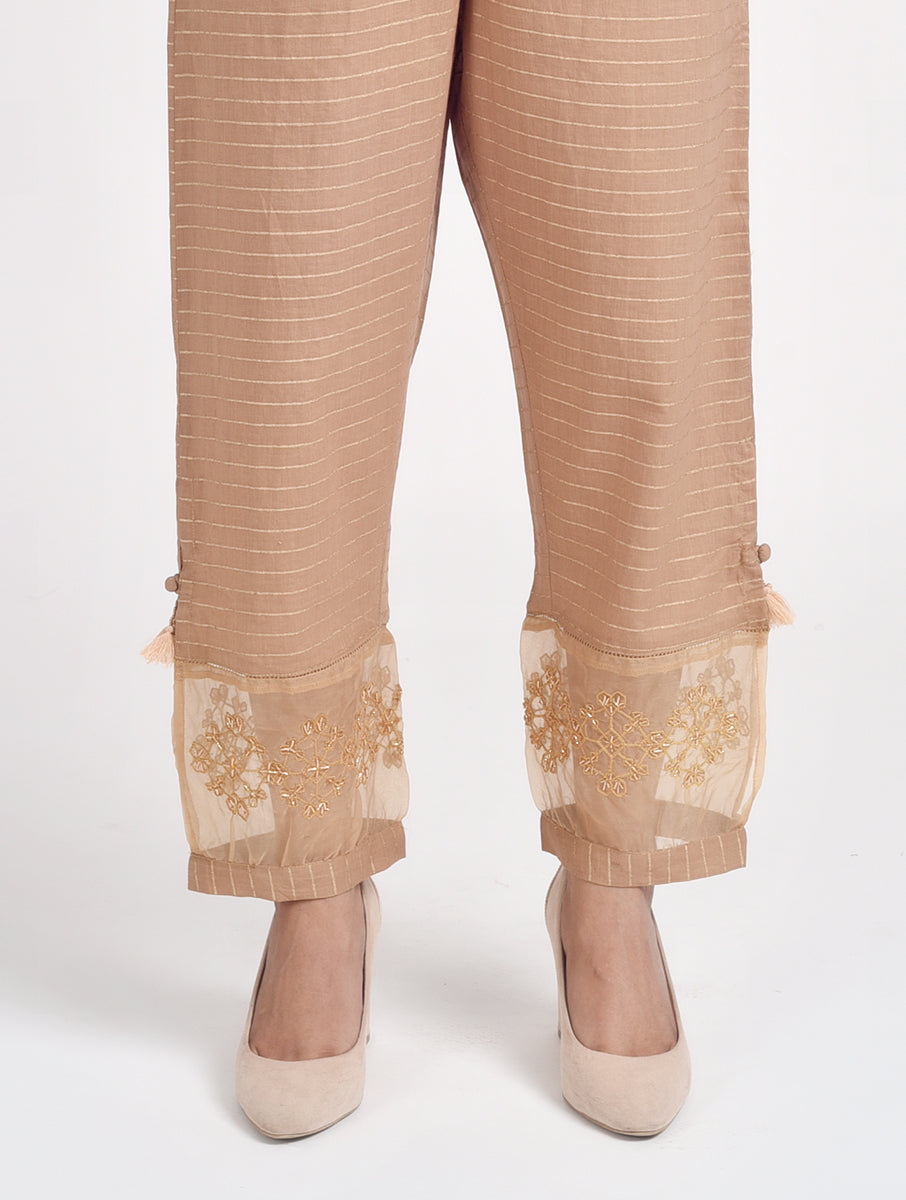 Women Beige Color Hand Embroidered Cotton Silk Pajama