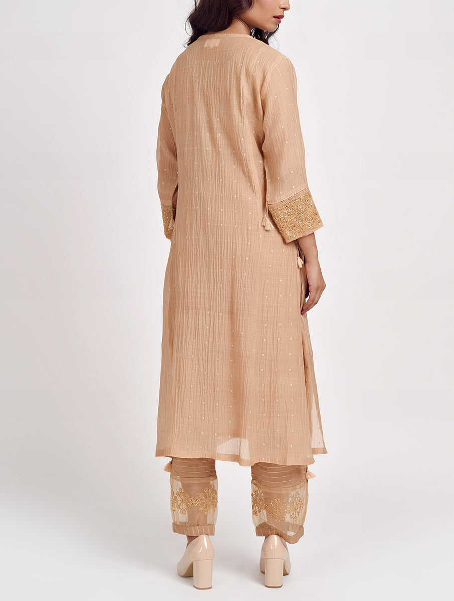 Women Beige Hand Embroidered Cotton Silk Kurta for festive wear