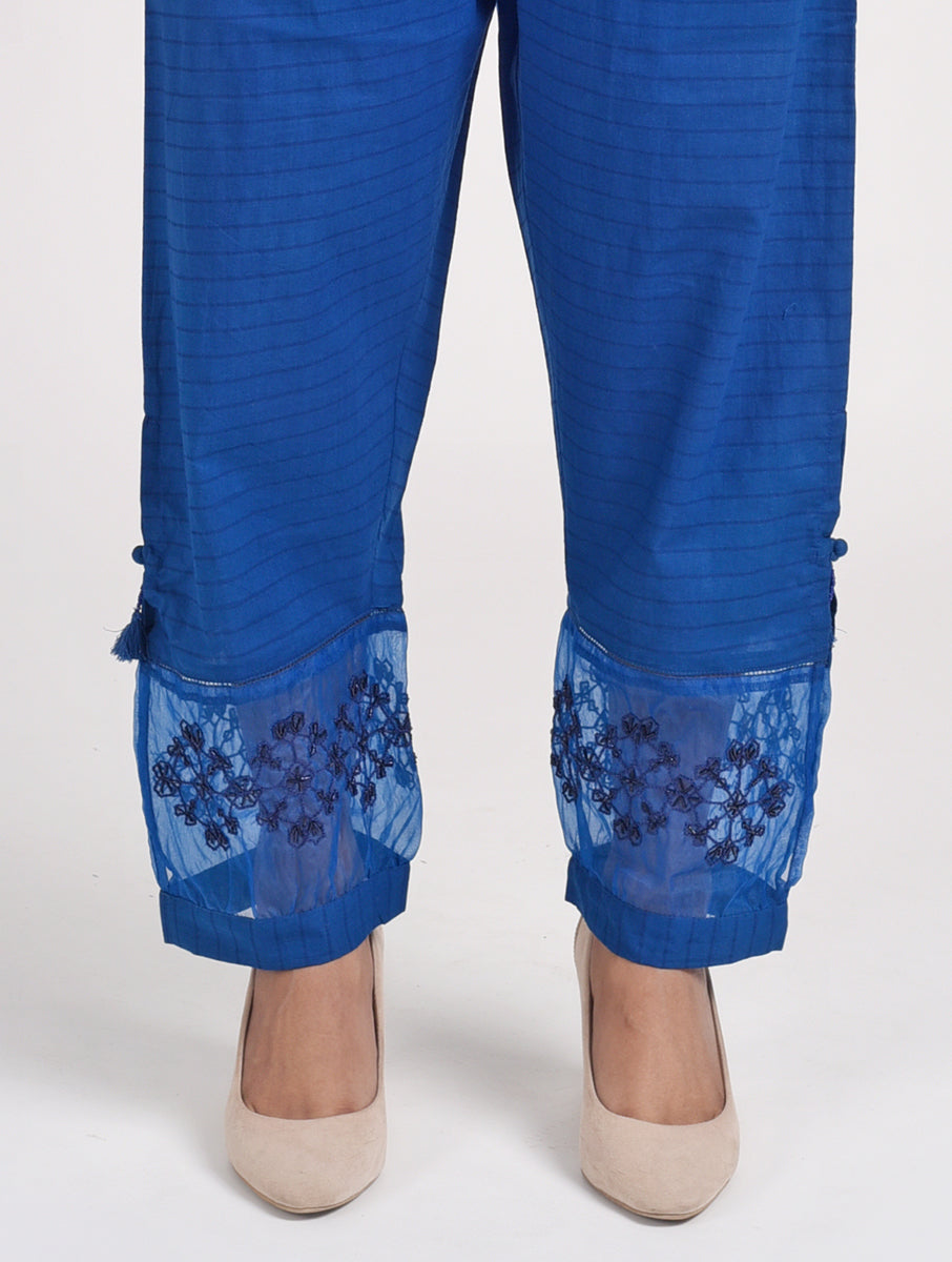 Women Blue Hand Embroidered Cotton Silk Pajama