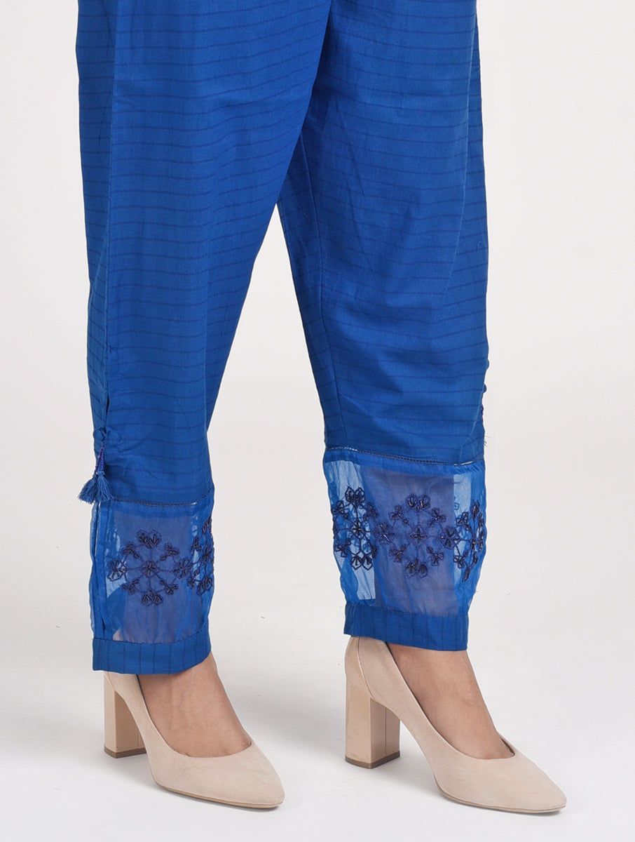 Women Blue Hand Embroidered Cotton Silk Pajama
