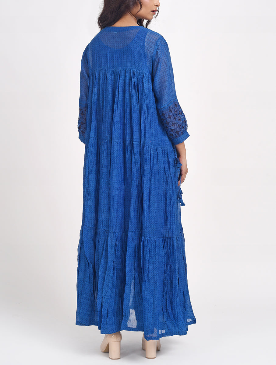 Women Blue Hand Embroidered Cotton Silk Kurta for festive wear