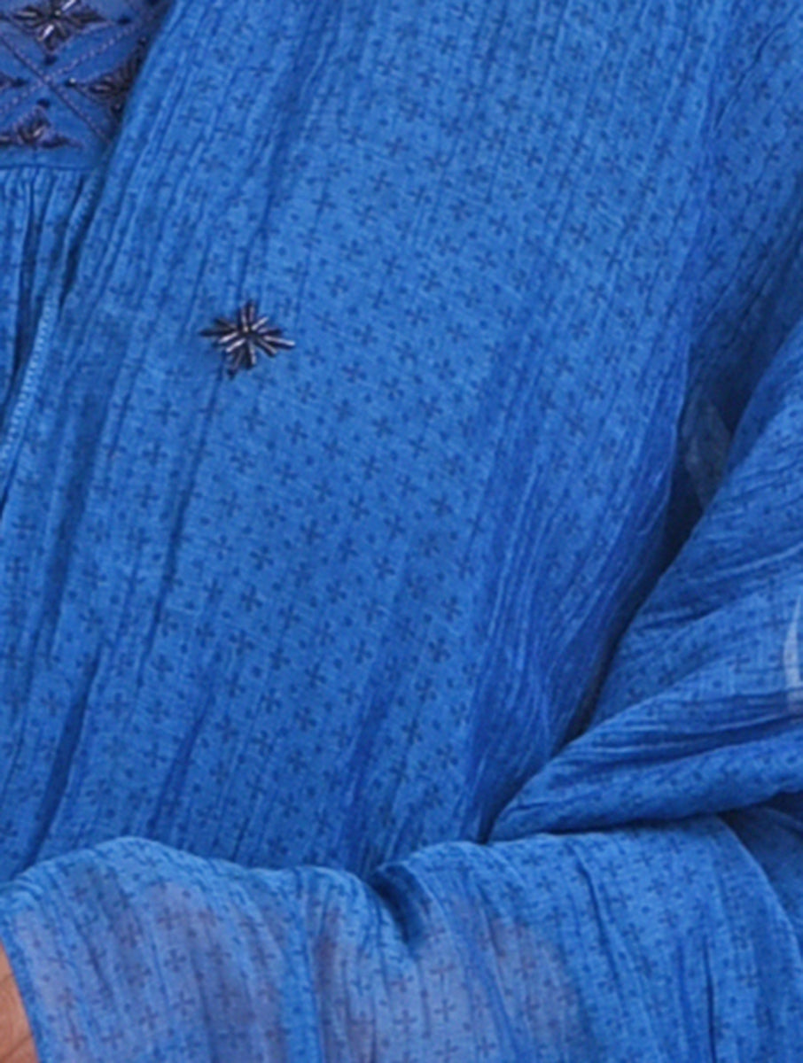 Women Blue Color Hand Embroidered printed Cotton Silk Dupatta