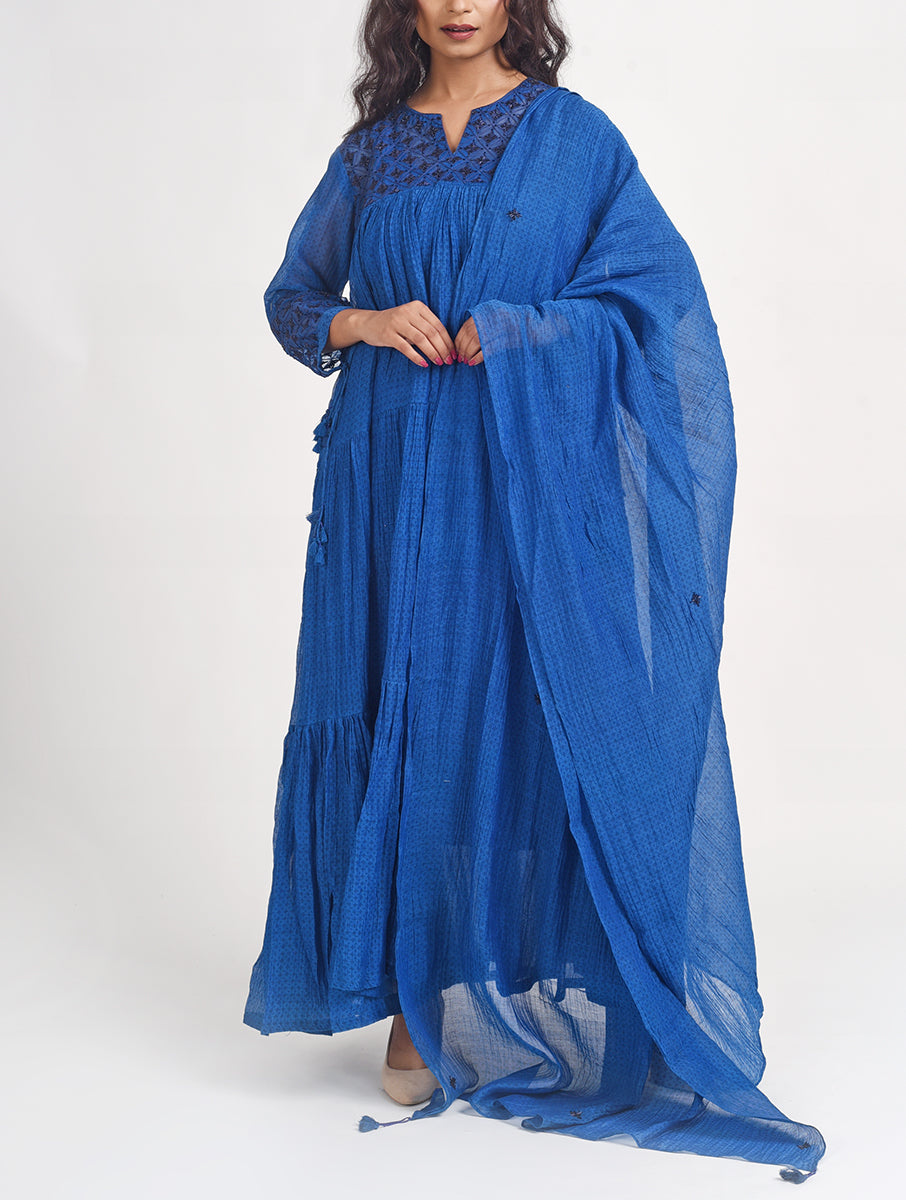 Women Blue Color Hand Embroidered printed Cotton Silk Dupatta
