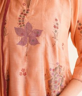 Gudhal Peach Cotton Silk Block Print Kurta, Pants & Dupatta