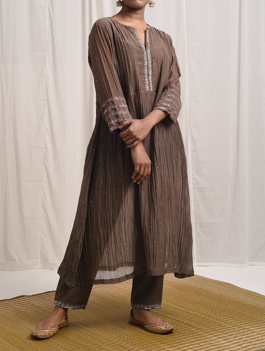 Women Light Grey Cotton Silk Chanderi Hand Embroidery Round Neck Straight Kurta pajama & dupatta set
