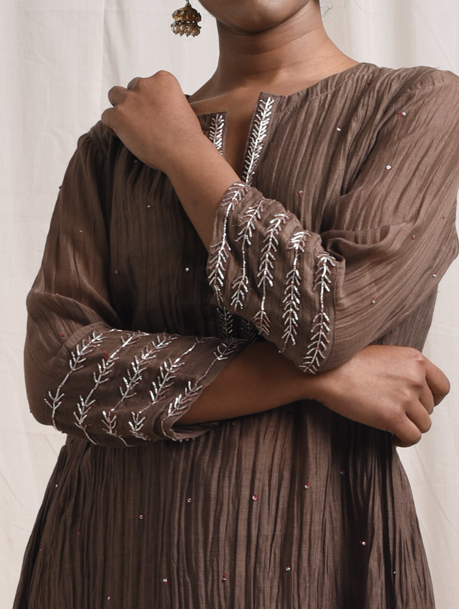 Women Light Grey Cotton Silk Chanderi Hand Embroidery Round Neck Straight Kurta pajama & dupatta set