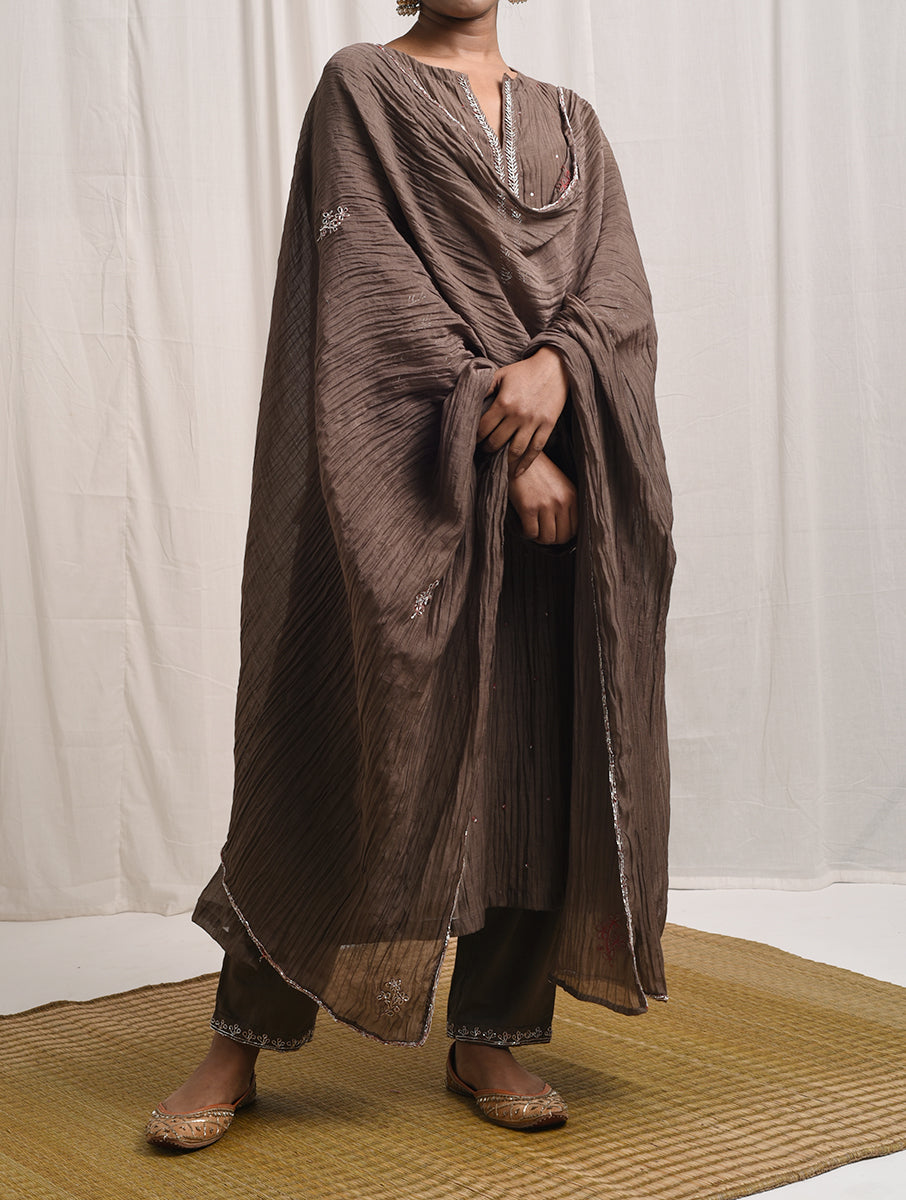 Women Light Grey Cotton Silk Chanderi Hand Embroidery Round Neck Straight Kurta set