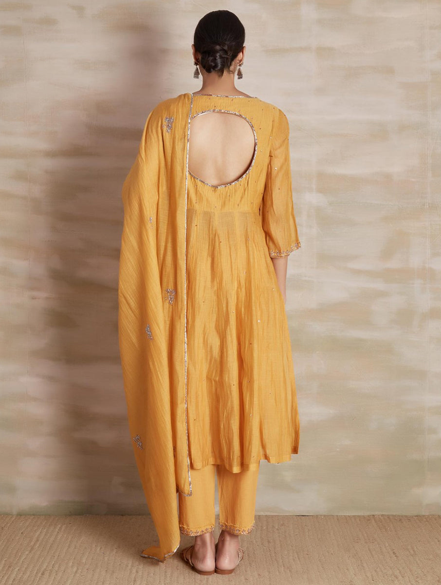 Chanderi cotton silk yellow color hand embroidered zardozi anarkali kurta pajama & dupatta set
