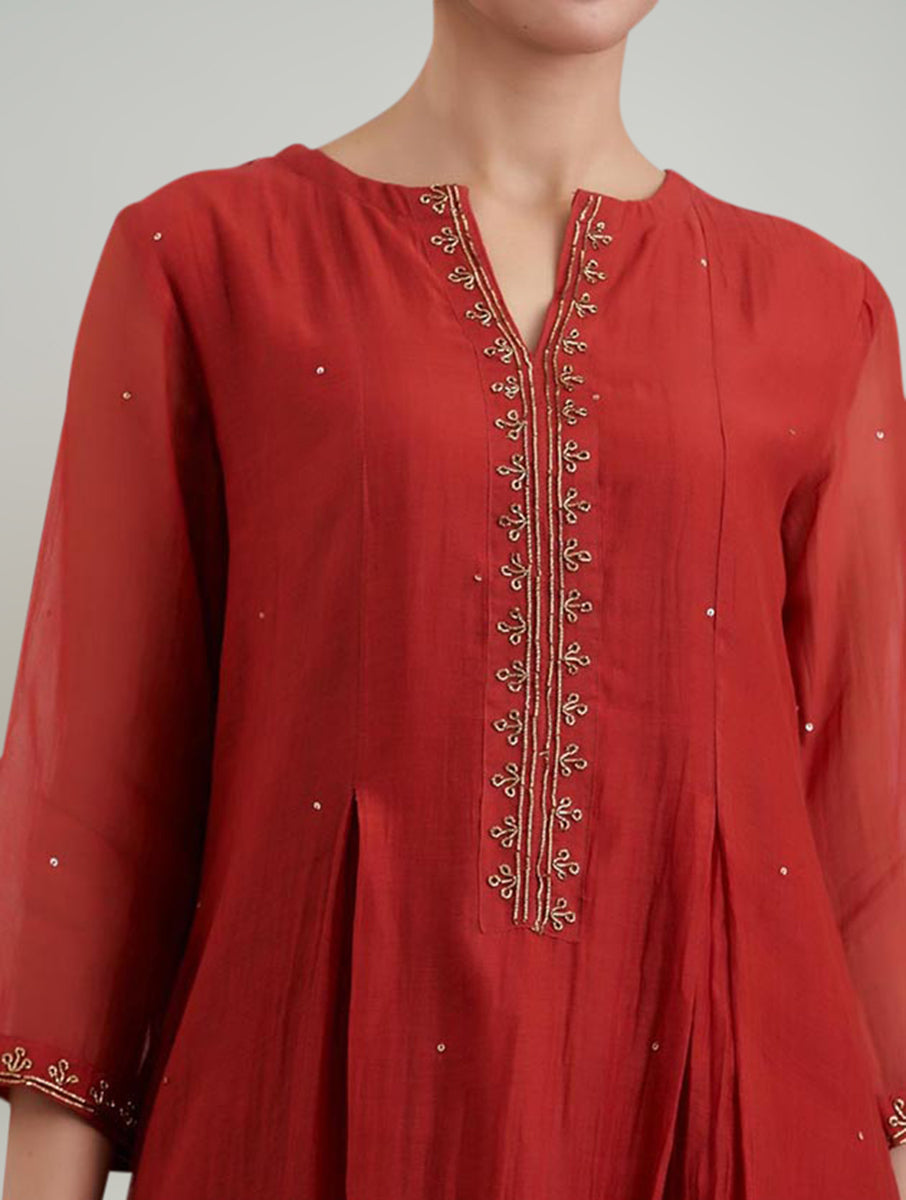 Women Red Silk Chanderi Hand Embroidered Round Neck kurta