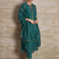 Women Turquois Green Cotton Silk Chanderi  Hand Embroidery Round Neck Flared Kurta set