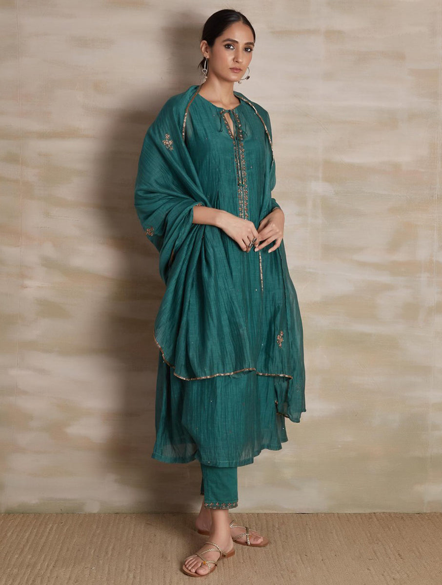 Women Turquois Green Cotton Silk Chanderi  Hand Embroidery Round Neck Flared Kurta set