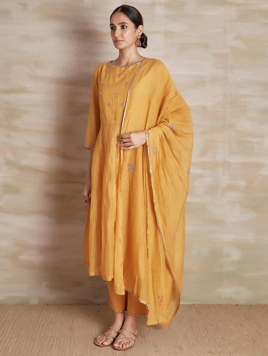  Yellow  Color hand Embroidered  Chanderi cotton silk anarkali kurta pajama & dupatta set