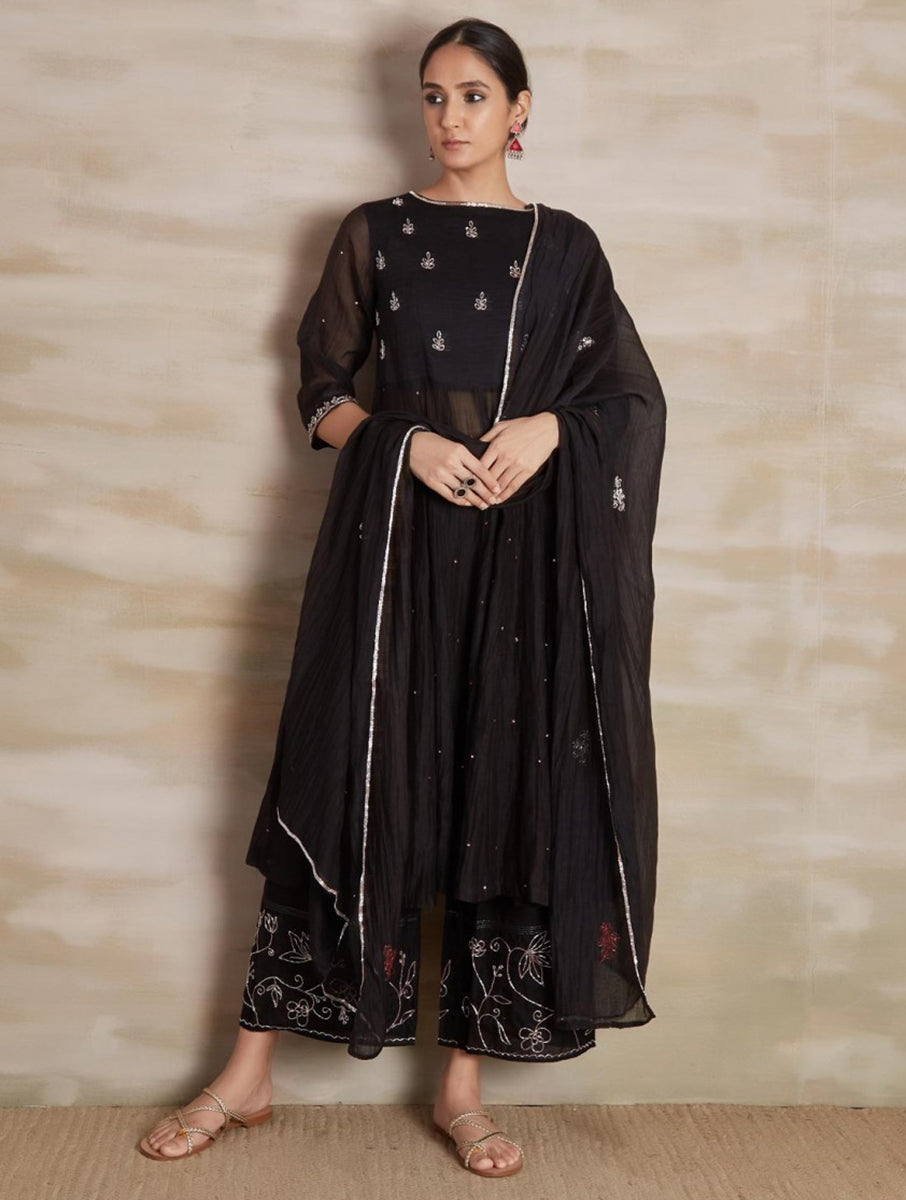 Chanderi cotton silk Black color silver hand embroidered zardozi Anarkali kurta pajama & dupatta set