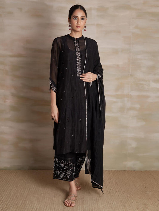 Chanderi cotton silk Black color hand embroidered zardozi straight  kurta pajama & dupatta set