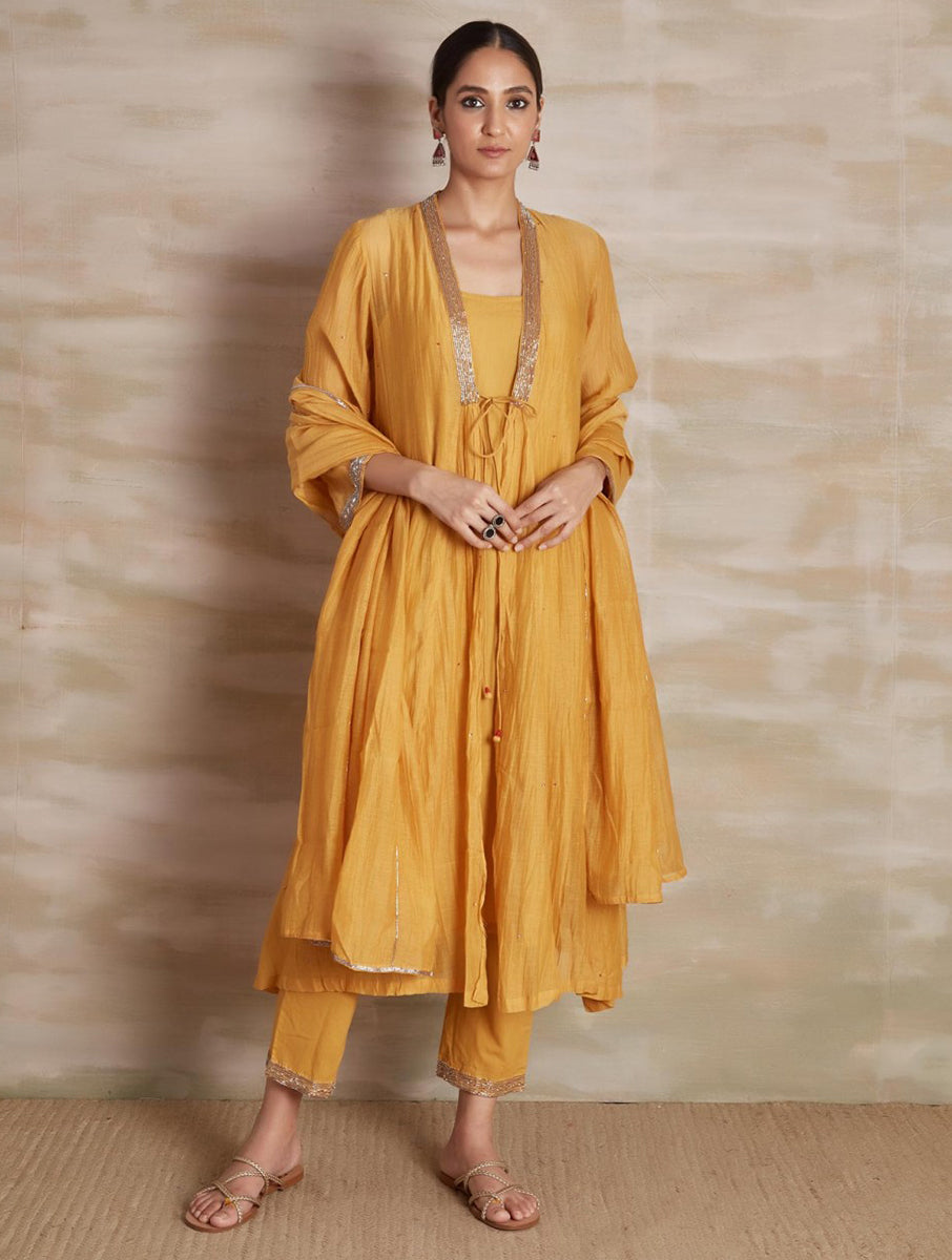 Chanderi cotton silk yellow color hand embroidered zardozi Shrug pajama & dupatta set