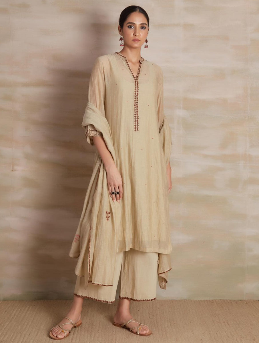 Chanderi cotton silk beige color hand embroidered zardozi straight  kurta pajama & dupatta set