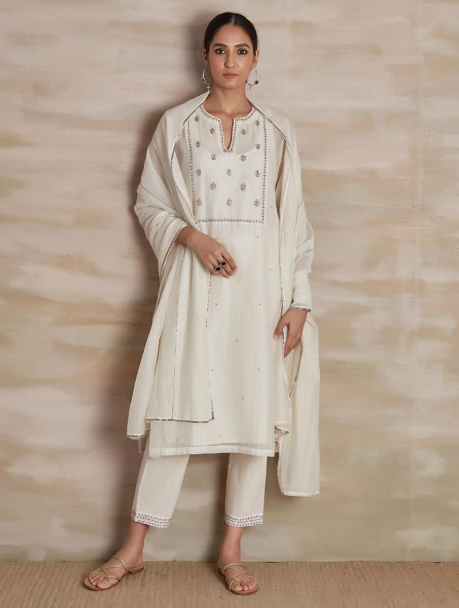 Chanderi cotton silk white  color hand embroidered zardozi kurta pajama & dupatta set