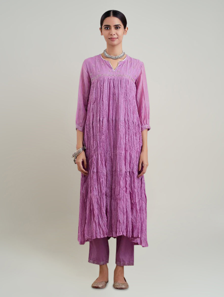 Women Lavender Purple Silk Embroidered Round neck Regular Fit Kurta