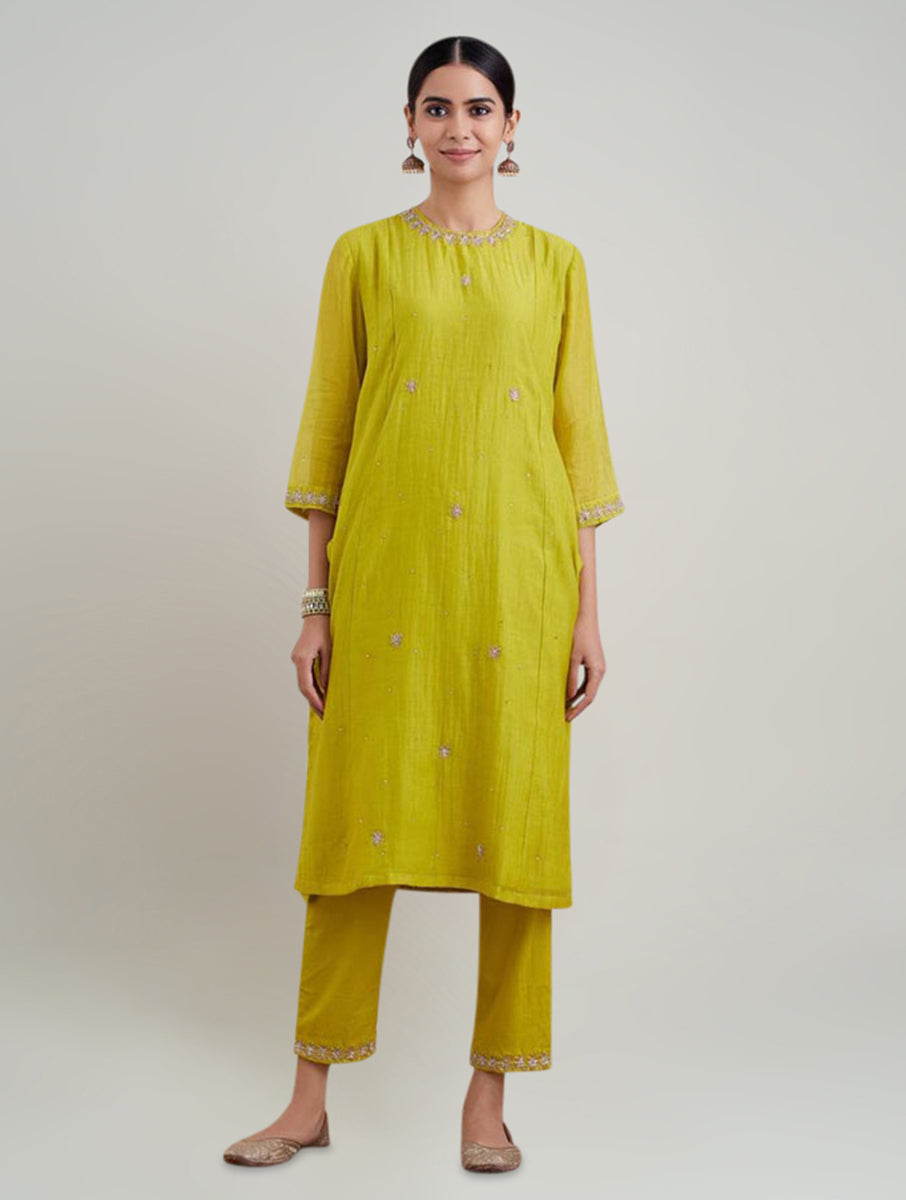 Women Lime Green Chanderi Silk Embroidered Round Neck Regular Fit Kurta