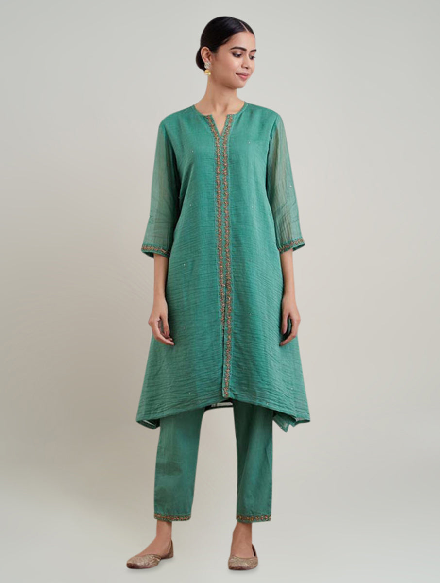 Women Green Chanderi Silk Embroidered Round Neck A Line Kurta