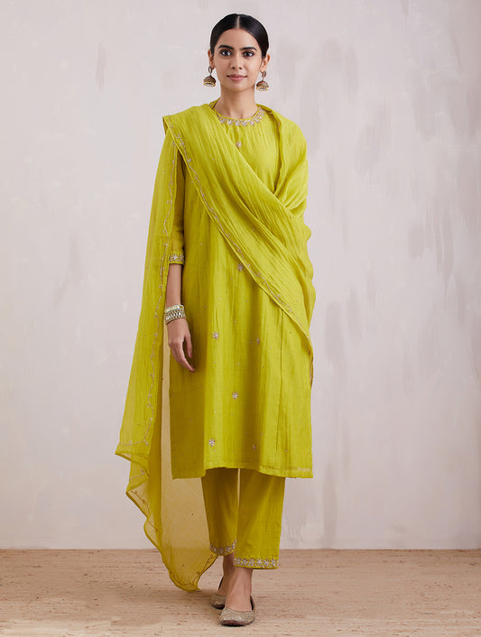 Naqsh Lime Green Zero Neck  Kurta Set of 3