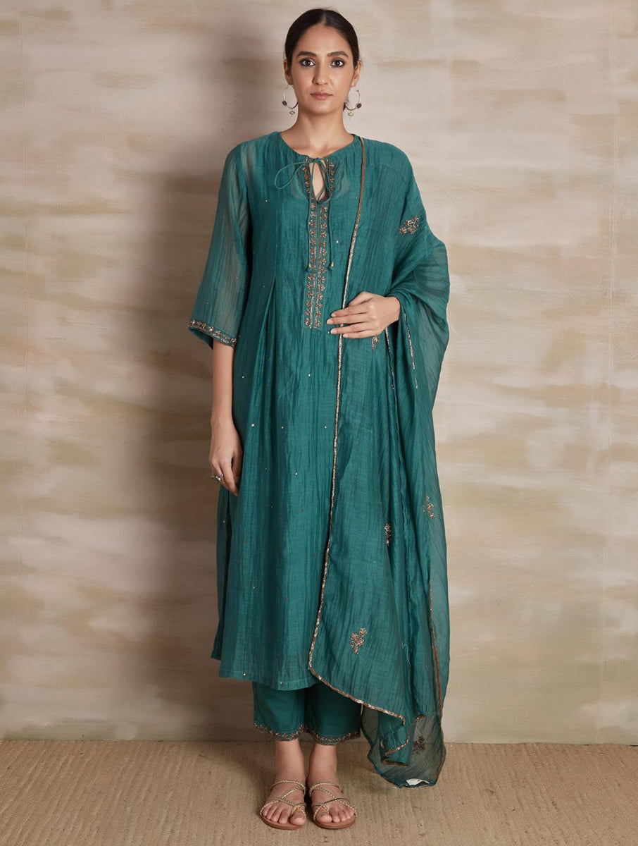 Women Turquois Green Cotton Silk Chanderi  Hand Embroidery Round Neck Flared Kurta set