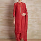 Chanderi Cotton Silk red color hand embroidered Collar kurta pajama & dupatta set