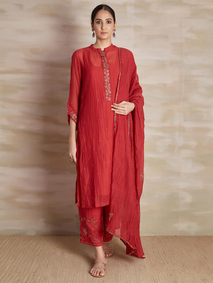 Chanderi Cotton Silk red color hand embroidered Collar kurta pajama & dupatta set