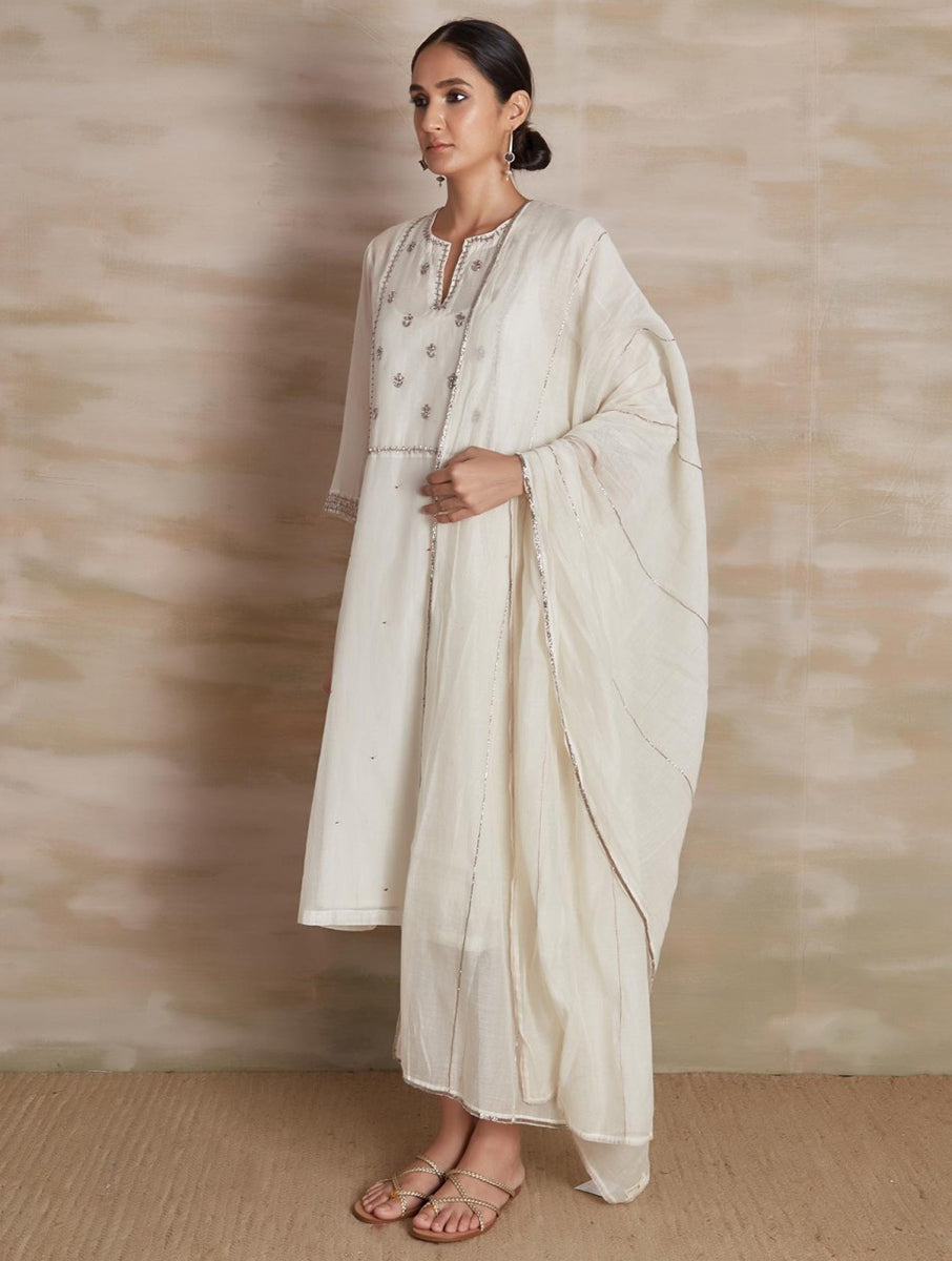 Chanderi cotton silk white  color hand embroidered zardozi kurta pajama & dupatta set