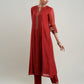 Women Red Silk Chanderi Hand Embroidered Round Neck kurta 